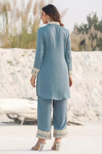 Yufta teal green woven design co-ord set with gota detailing