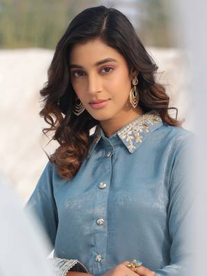 Yufta teal green woven design co-ord set with gota detailing 4