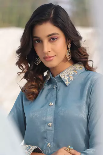 Yufta teal green woven design co-ord set with gota detailing