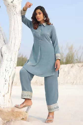 Yufta teal green woven design co-ord set with gota detailing