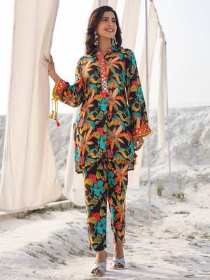  black pure muslin co-ord set with mirror work detailing on placket and sleeve 1