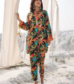  black pure muslin co-ord set with mirror work detailing on placket and sleeve