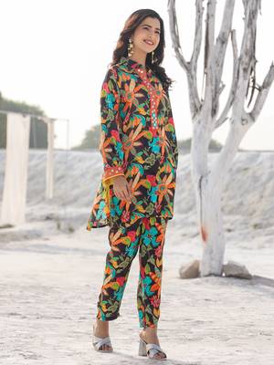 black pure muslin co-ord set with mirror work detailing on placket and sleeve 2