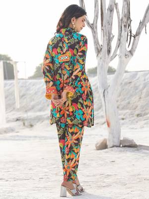  black pure muslin co-ord set with mirror work detailing on placket and sleeve 3