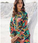  teal blue pure muslin co-ord set with mirror work on placket and sleeve