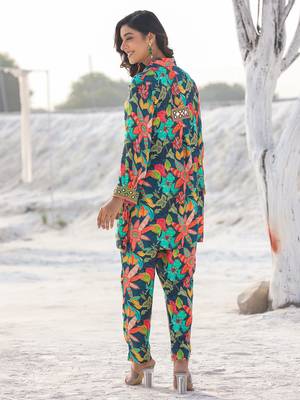  teal blue pure muslin co-ord set with mirror work on placket and sleeve 3