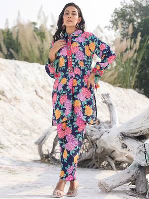  blue pure muslin co-ord set with mirror work on placket and sleeve 1