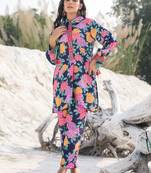  blue pure muslin co-ord set with mirror work on placket and sleeve