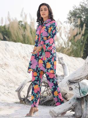  blue pure muslin co-ord set with mirror work on placket and sleeve 2