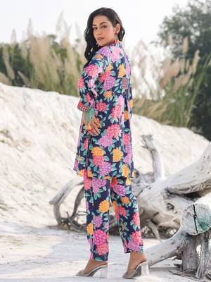  blue pure muslin co-ord set with mirror work on placket and sleeve 3
