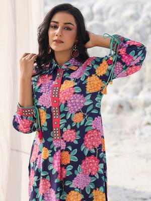 blue pure muslin co-ord set with mirror work on placket and sleeve 4
