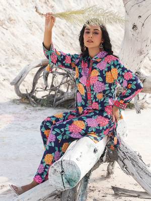  blue pure muslin co-ord set with mirror work on placket and sleeve 5