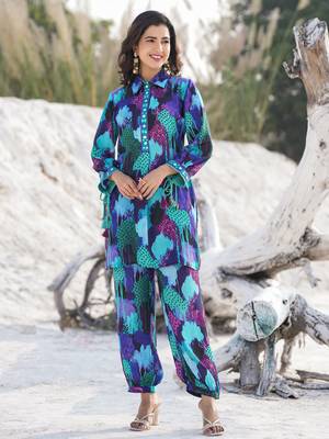  blue pure muslin co-ord set with mirror work detailing on placket and sleeve 1