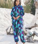  blue pure muslin co-ord set with mirror work detailing on placket and sleeve