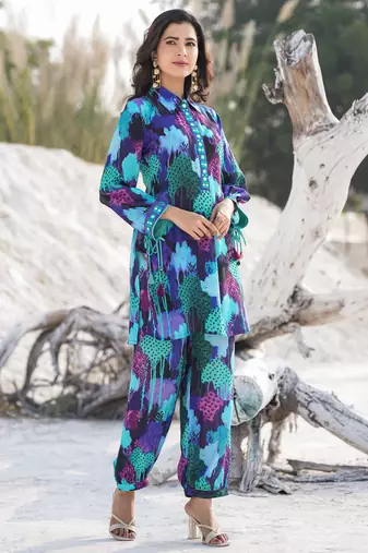  blue pure muslin co-ord set with mirror work detailing on placket and sleeve
