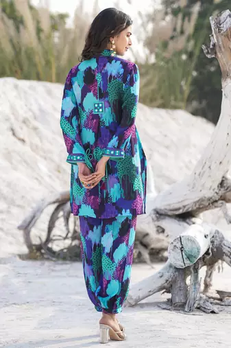  blue pure muslin co-ord set with mirror work detailing on placket and sleeve