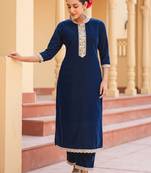 Yufta blue velvet kurta set with cotton lining and embroidery kurta trouser set