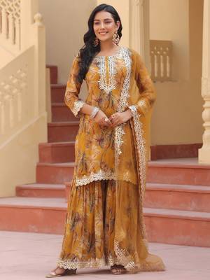 mustard pure chinon kurta dupatta set with gota work detailing and cotton lining 2