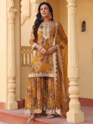 mustard pure chinon kurta dupatta set with gota work detailing and cotton lining 1