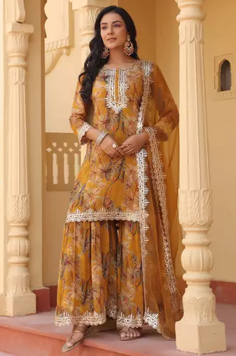 mustard pure chinon kurta dupatta set with gota work detailing and cotton lining