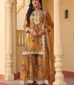 mustard pure chinon kurta dupatta set with gota work detailing and cotton lining