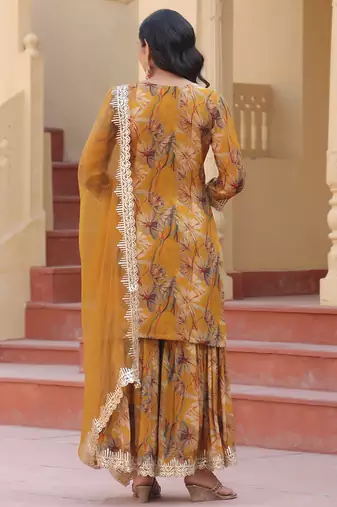 mustard pure chinon kurta dupatta set with gota work detailing and cotton lining