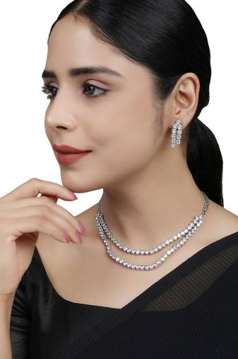 Silver Tone Circular Drops American Diamond Jewellery Set