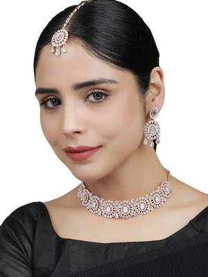Rose Gold Plated Mirror Work Oval Shaped Choker Necklave With Earring Maangtika 1