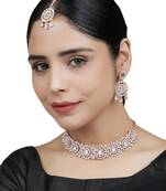 Rose Gold Plated Mirror Work Oval Shaped Choker Necklave With Earring Maangtika