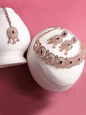 Rose Gold Plated Mirror Work Oval Shaped Choker Necklave With Earring Maangtika 3