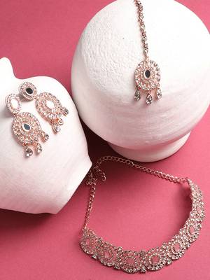 Rose Gold Plated Mirror Work Oval Shaped Choker Necklave With Earring Maangtika 4