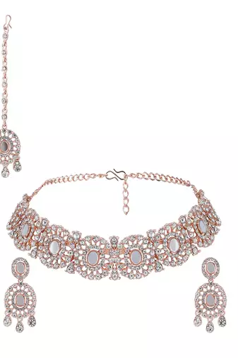 Rose Gold Plated Mirror Work Oval Shaped Choker Necklave With Earring Maangtika