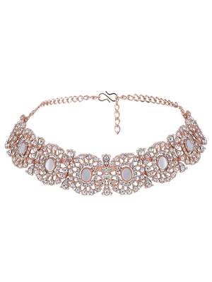 Rose Gold Plated Mirror Work Oval Shaped Choker Necklave With Earring Maangtika 6
