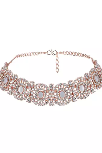 Rose Gold Plated Mirror Work Oval Shaped Choker Necklave With Earring Maangtika