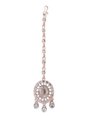 Rose Gold Plated Mirror Work Oval Shaped Choker Necklave With Earring Maangtika 9