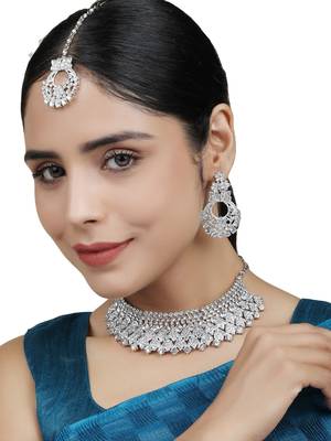 Silver Plated American Diamond Choker Set with Earring Maangtika 1