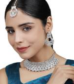 Silver Plated American Diamond Choker Set with Earring Maangtika