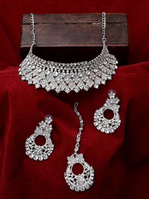 Silver Plated American Diamond Choker Set with Earring Maangtika 2