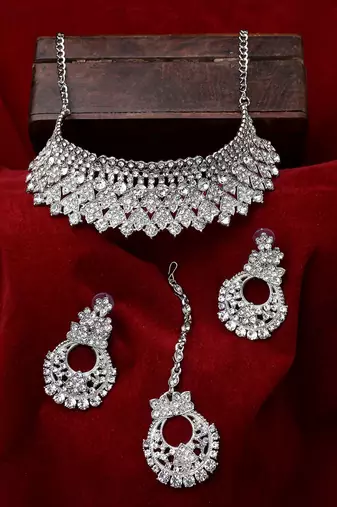 Silver Plated American Diamond Choker Set with Earring Maangtika