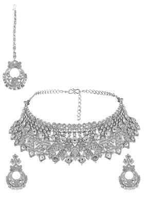 Silver Plated American Diamond Choker Set with Earring Maangtika 3
