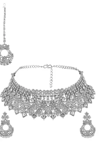 Silver Plated American Diamond Choker Set with Earring Maangtika