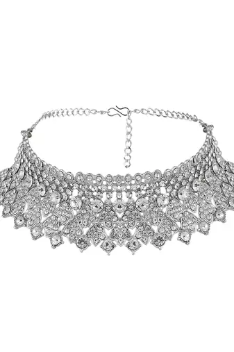Silver Plated American Diamond Choker Set with Earring Maangtika
