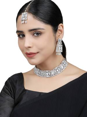 Silver Tone Mirror Work Square Shaped Choker Necklave With Earring Maangtika 1