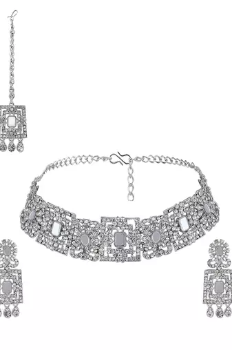 Silver Tone Mirror Work Square Shaped Choker Necklave With Earring Maangtika