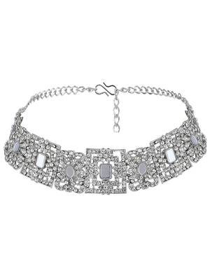 Silver Tone Mirror Work Square Shaped Choker Necklave With Earring Maangtika 5