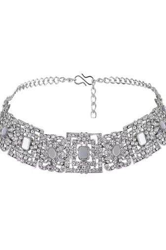 Silver Tone Mirror Work Square Shaped Choker Necklave With Earring Maangtika