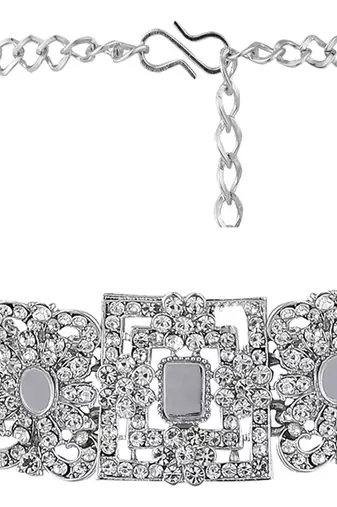 Silver Tone Mirror Work Square Shaped Choker Necklave With Earring Maangtika