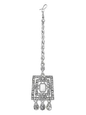Silver Tone Mirror Work Square Shaped Choker Necklave With Earring Maangtika 9