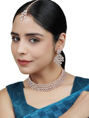 Rose Gold Plated Stone Studded Criscross Pattern Jewellery Set with Earring Maangtika 1
