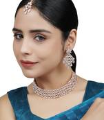 Rose Gold Plated Stone Studded Criscross Pattern Jewellery Set with Earring Maangtika